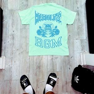 Mint green gildan crewneck t shirt. Screen printed with teal plastisol ink.
